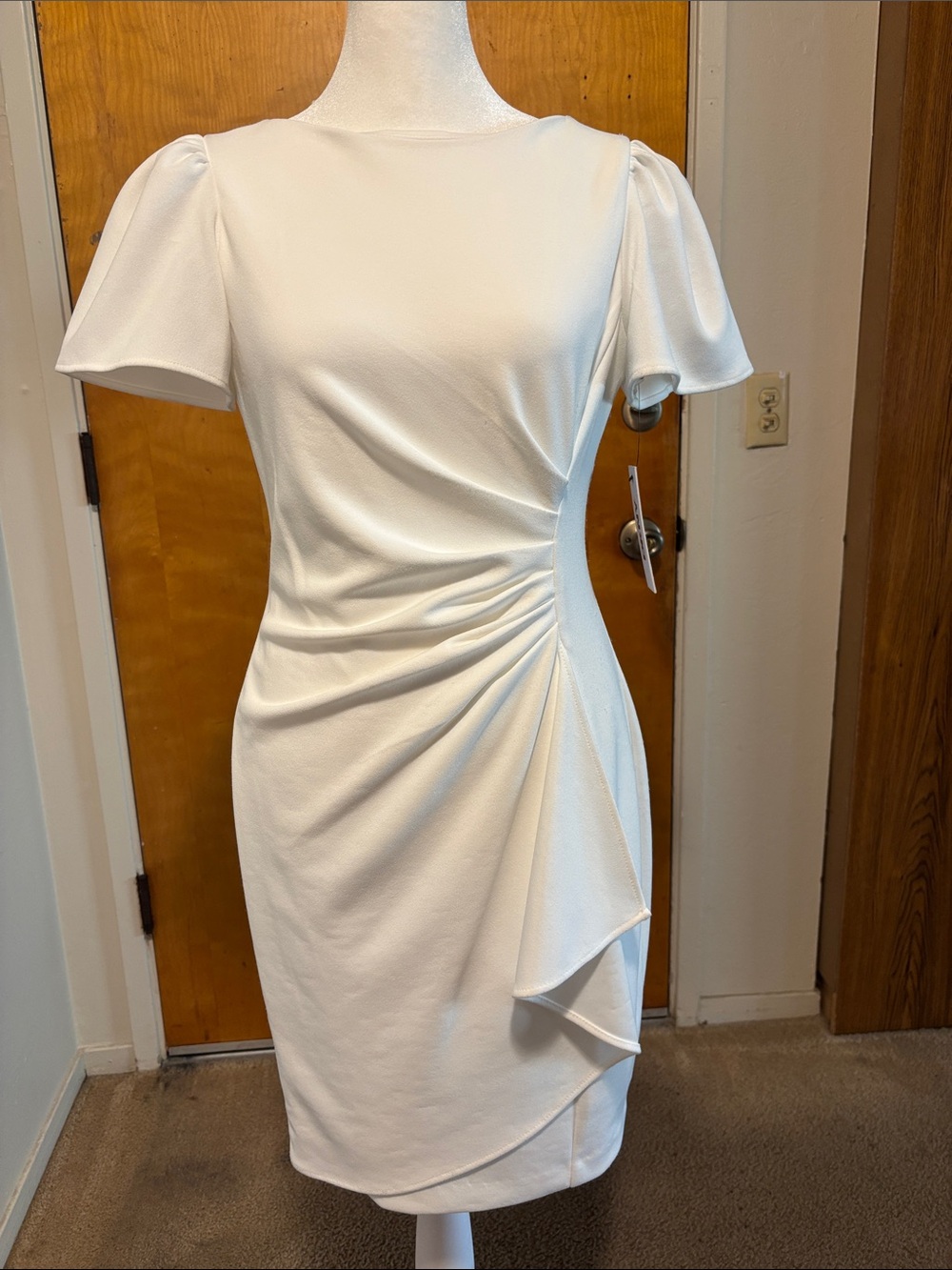 DKNY White Ruched Side Midi Dress